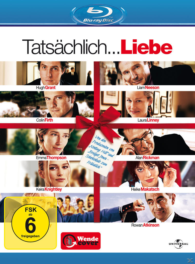Filmposter mit mehreren Schauspielern, betitelt 'Tatsächlich... Liebe'. Mit Hugh Grant, Liam Neeson und Emma Thompson.