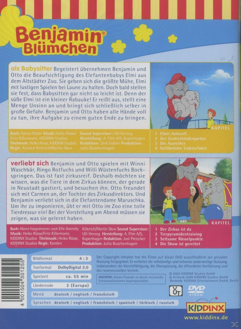 Rückseite einer DVD-Hülle, Cartoon mit einem Elefanten, Junge und Text auf Deutsch. Der Text befindet sich auf der Rückseite.