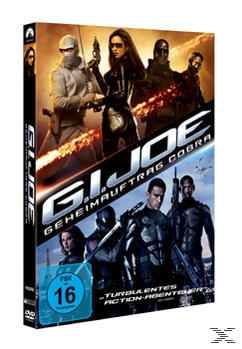 G.I. Joe-Film-DVD-Cover. Charaktere in Actionposen. Ein dunkler Hintergrund. FSK 16-Logo.