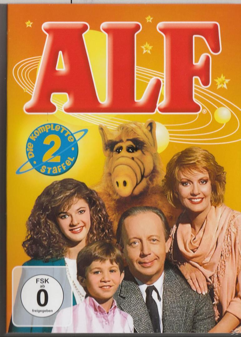 DVD-Cover mit der ALF-TV-Show-Besetzung, mit dem Titel 'ALF' in Rot und dem Text 'Die komplette 2 Staffel'.