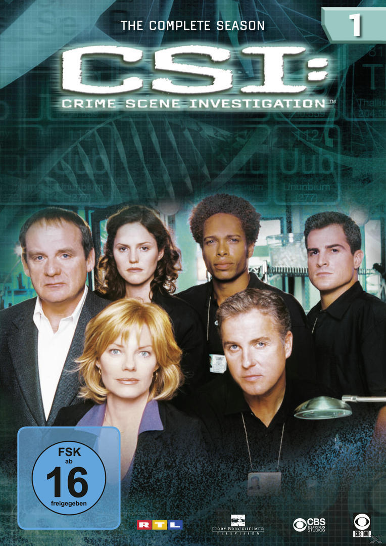 CSI DVD-Cover, sechs Schauspieler vor dunklem Hintergrund. Text 'CSI: CRIME SCENE INVESTIGATION'.