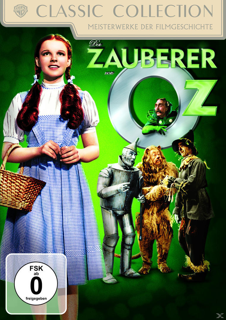 Filmplakat für 'Der Zauberer von Oz' mit Dorothy, dem Blechmann, dem Löwen und der Vogelscheuche.