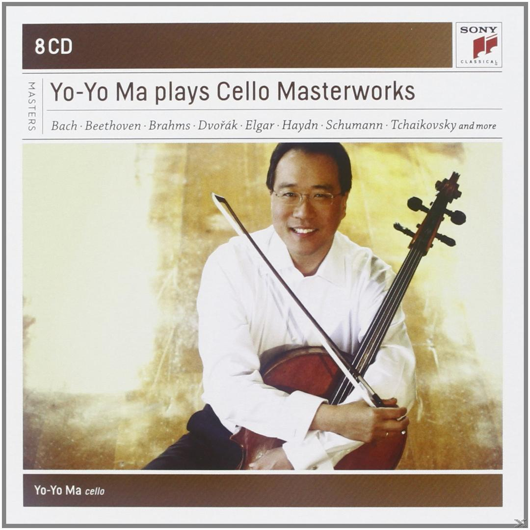 Yo-Yo Ma a Cello Masterworks CD borítója. Yo-Yo Ma egy gordonkát tart. Háttér: fehér és bézs.