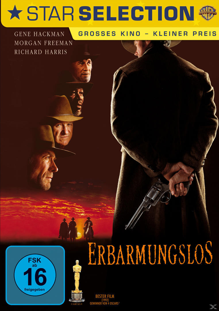 Filmcover. Ein Mann in einem Mantel hält eine Waffe. Mehrere andere Schauspieler sind im Hintergrund. Erbarumungslos.