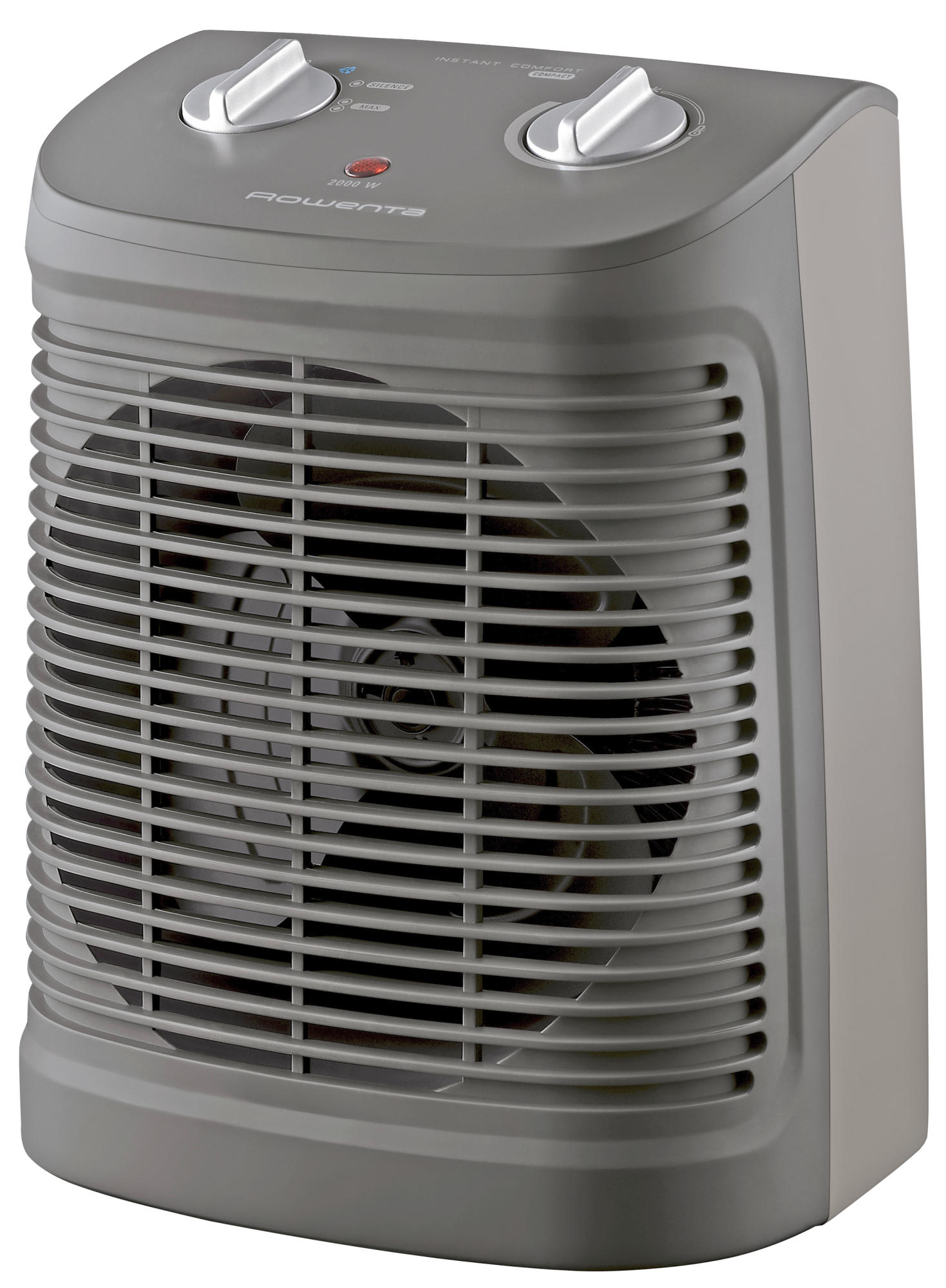 Grijze Rowenta-kachel met ventilatorrooster en bedieningsknoppen. De kachel staat rechtop met een afgeronde bovenkant.