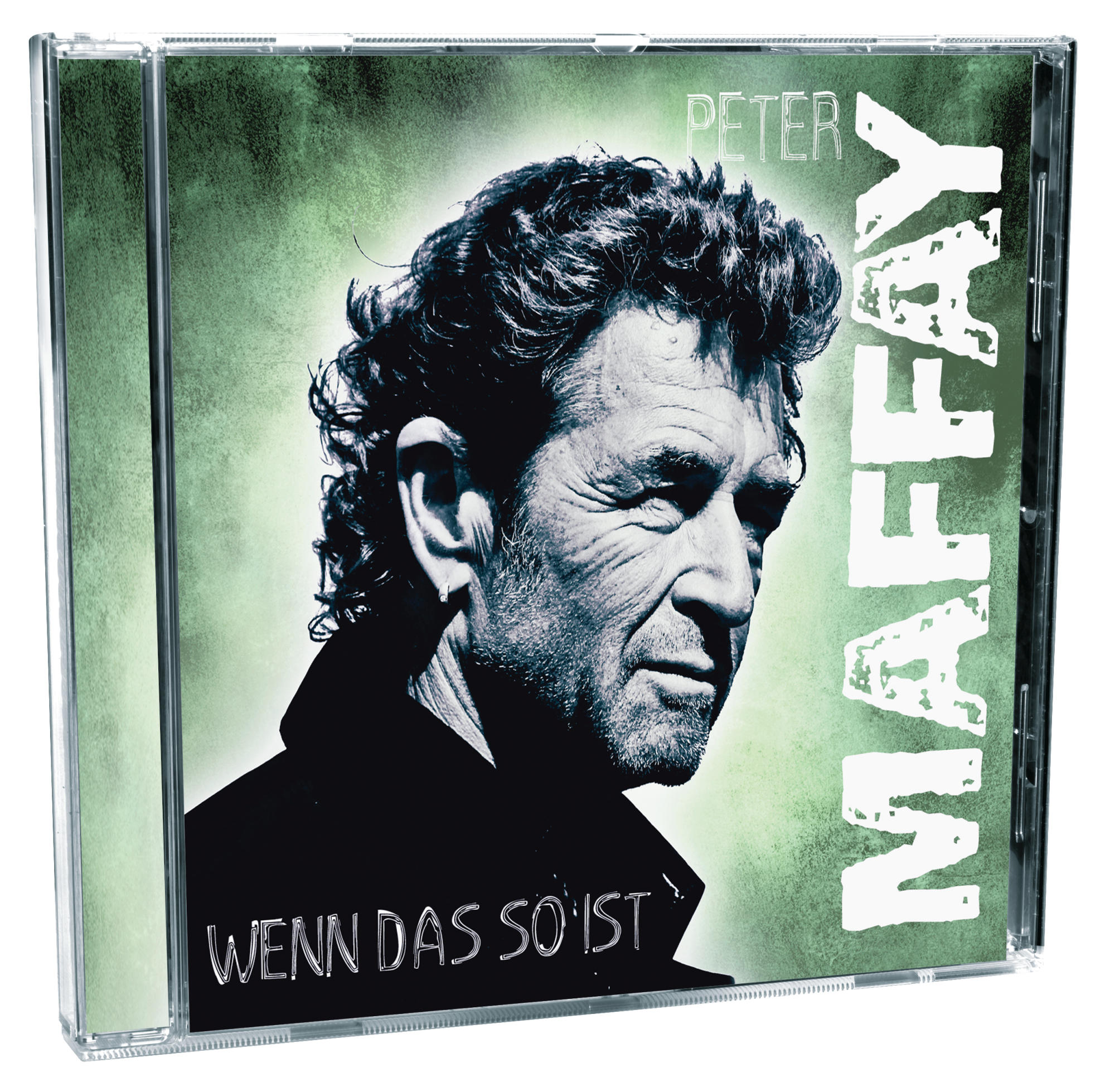 Albumcover. Peter Maffay, Schwarz-Weiß-Porträt. Grüner Hintergrund mit dem Titel 'Wenn das so ist'.