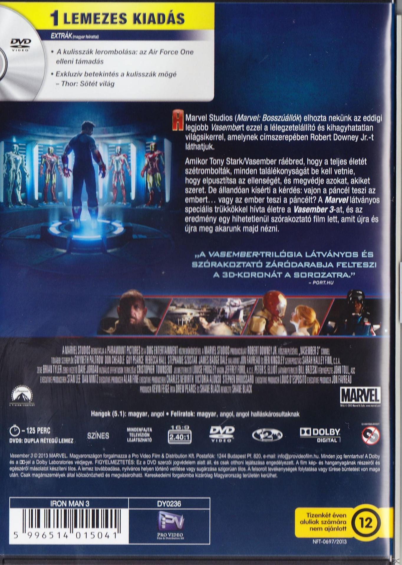 Vasember 3 DVD hátlapja, szöveg és képek, akciófilm, Marvel.