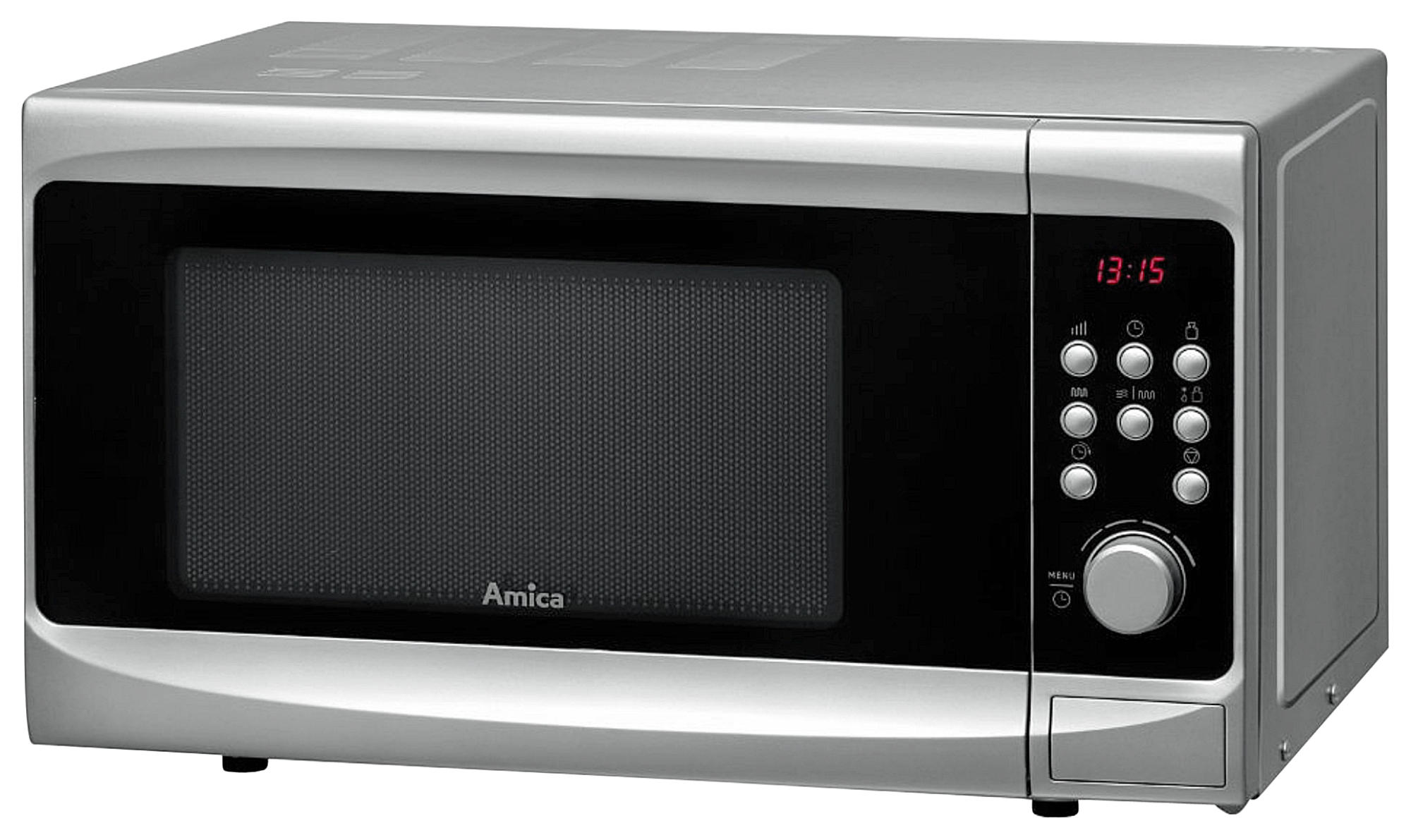 Srebrna kuchenka mikrofalowa z czarnymi drzwiami. Posiada cyfrowy zegar pokazujący 13:15 i przyciski sterowania po prawej stronie.