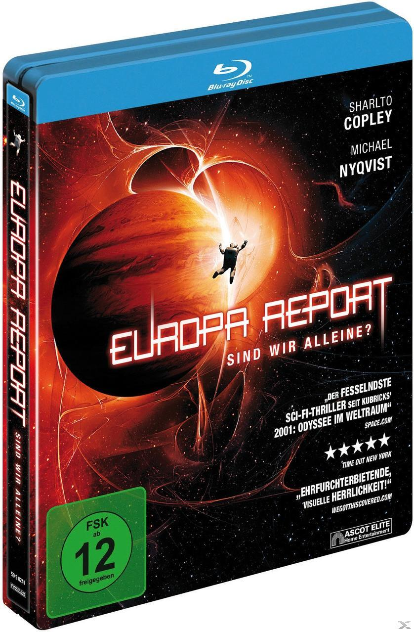 Blu-ray-Cover, ein Raumschiff, ein Planet und eine Person im Weltraum mit dem Titel 'Europa Report'.