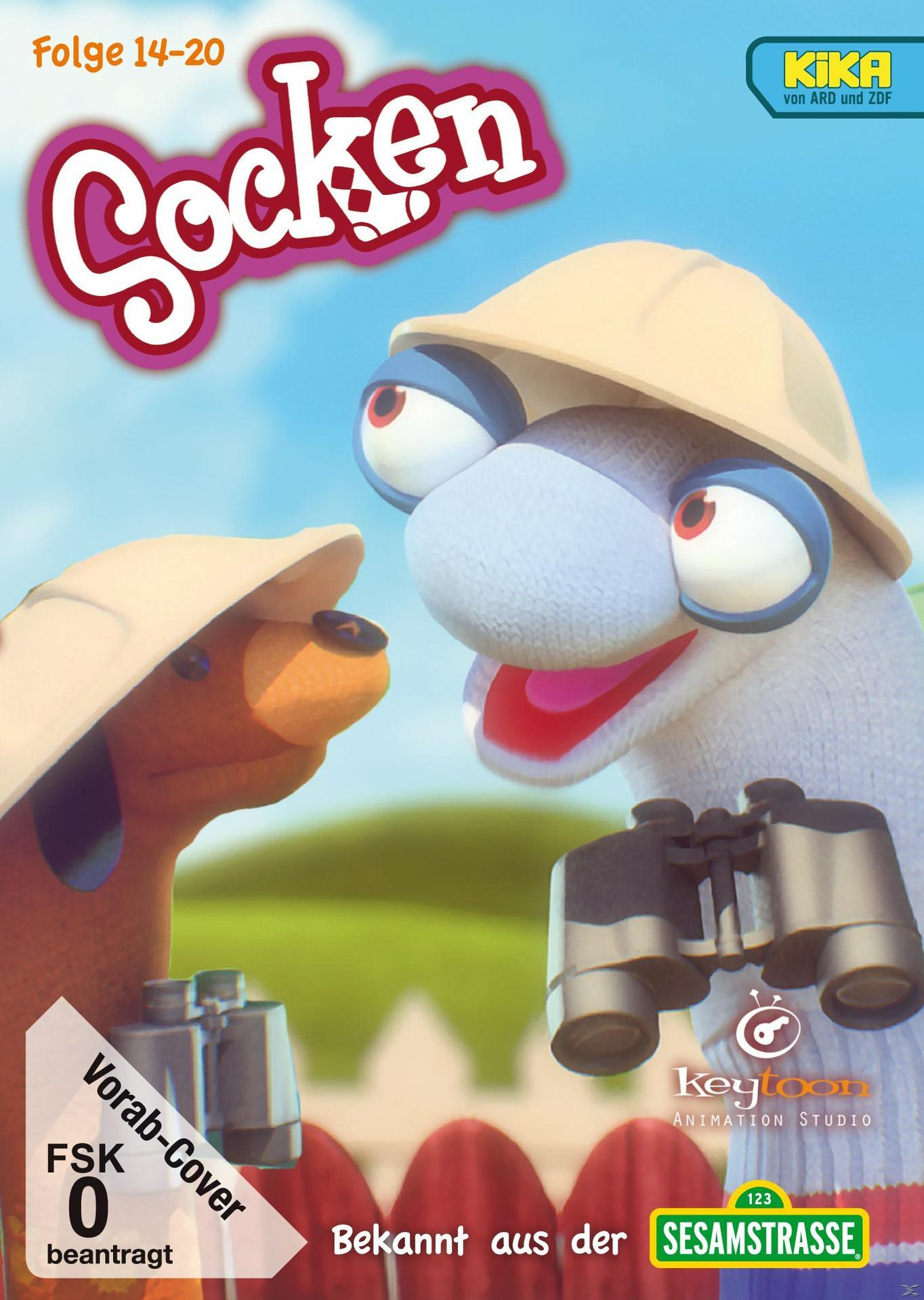DVD-Cover: Cartoon-Sockenpuppen mit Fernglas und Hut. Text: Socken, Folge 14-20, Bekannt aus der Sesamstraße.