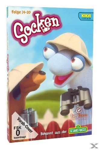 Socken DVD-Cover: Zeichentrickfiguren mit Fernglas und blauem Himmelhintergrund.