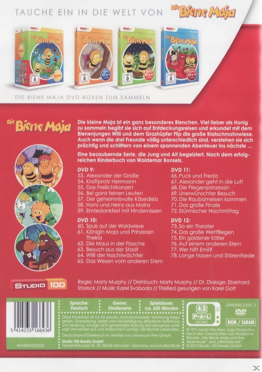 Rückseite einer DVD-Hülle von Die Biene Maja mit verschiedenen DVD-Covern und einer Cartoon-Szene.