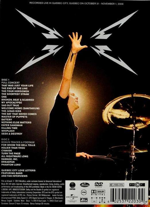 Rückseite einer DVD mit Konzertbild und Trackliste von Metallica.