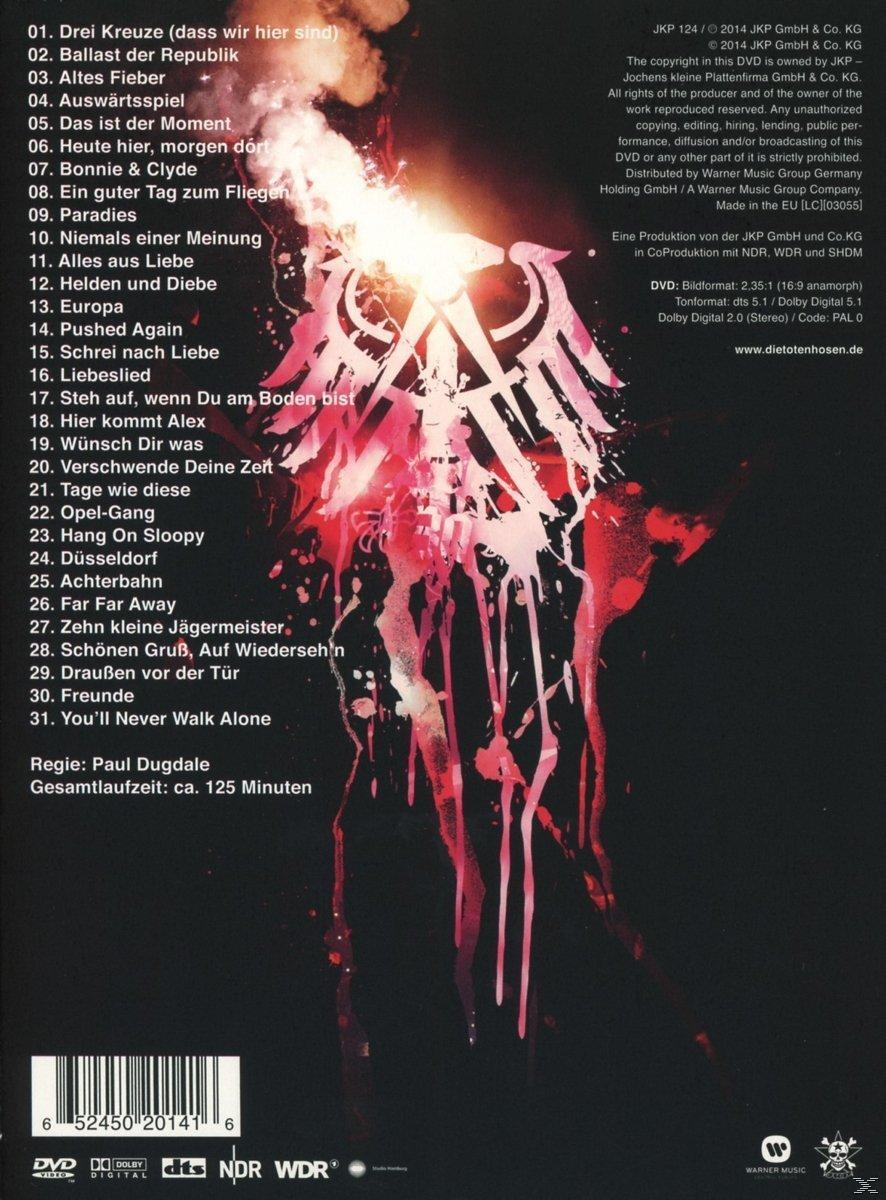 Albumcover mit rotem und schwarzem Farbspritzer-Design, Trackliste und Logo. Text auf Deutsch.
