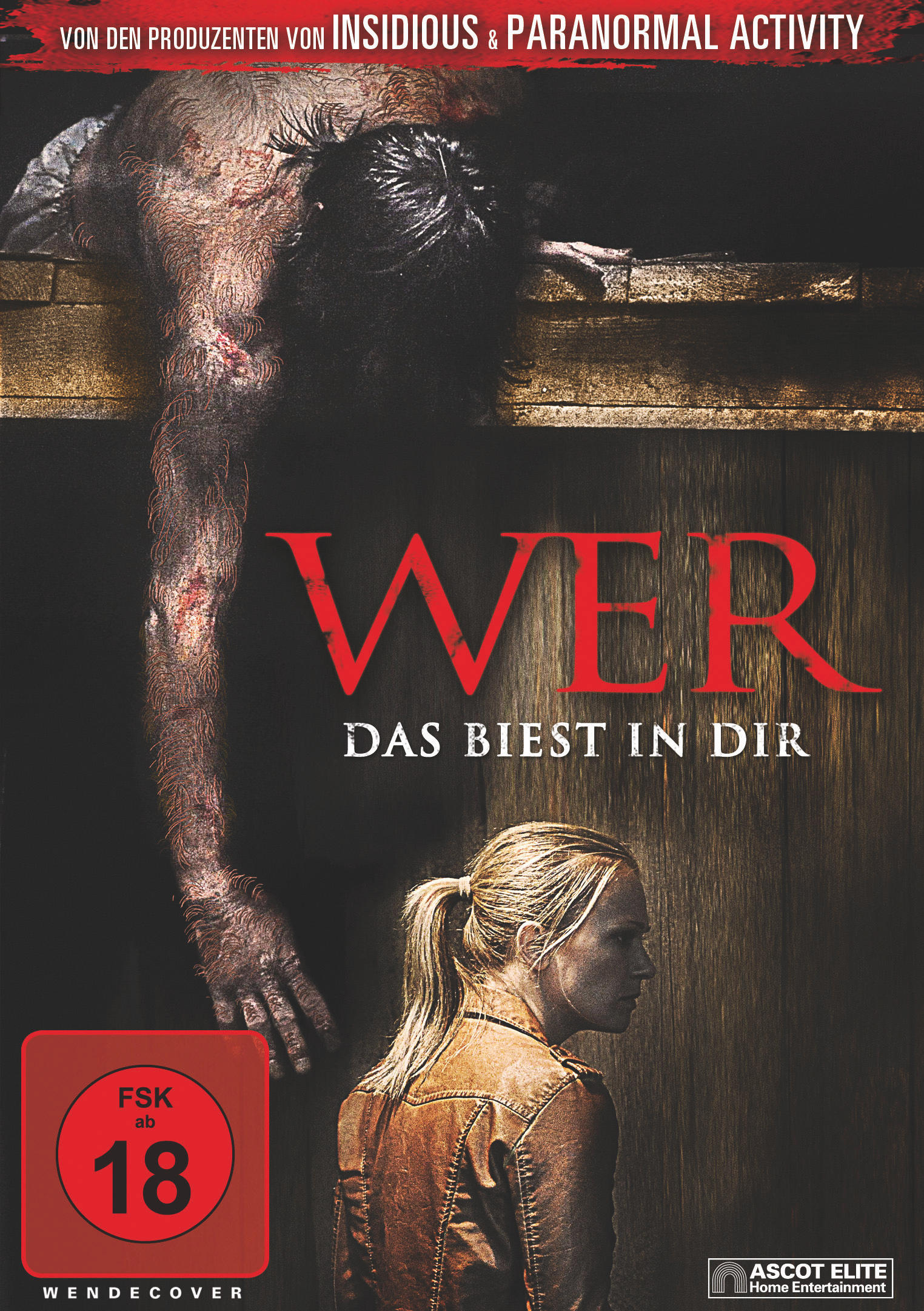 DVD-Cover. Titel: WER Das Biest In Dir. Eine Figur hängt an Holz, eine Frau schaut zu. Dunkler Hintergrund.