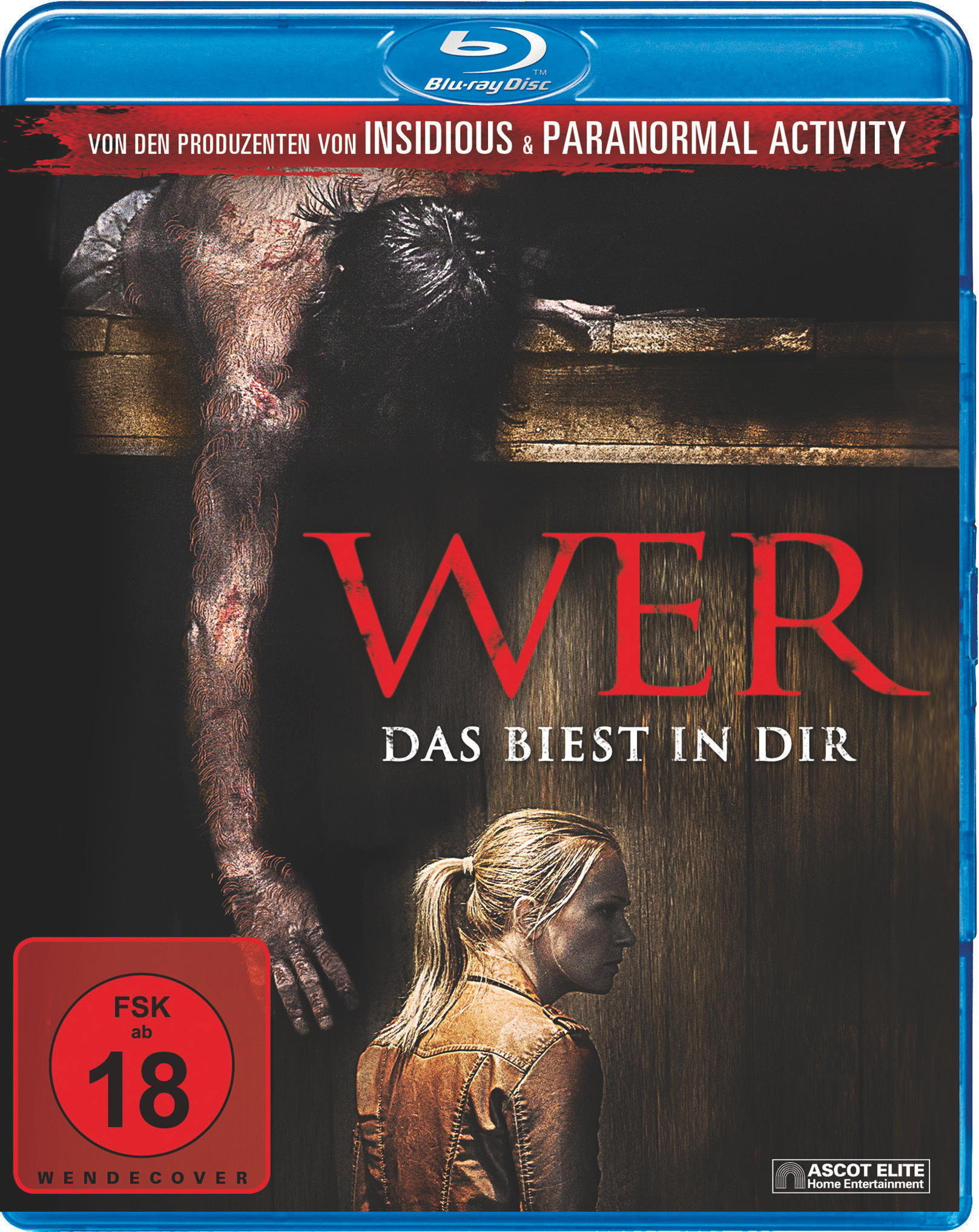 Wer Blu-ray-Cover. Figur mit entblößtem Fleisch, Frau schaut. Blu-ray-Hülle, FSK 18 Logo.