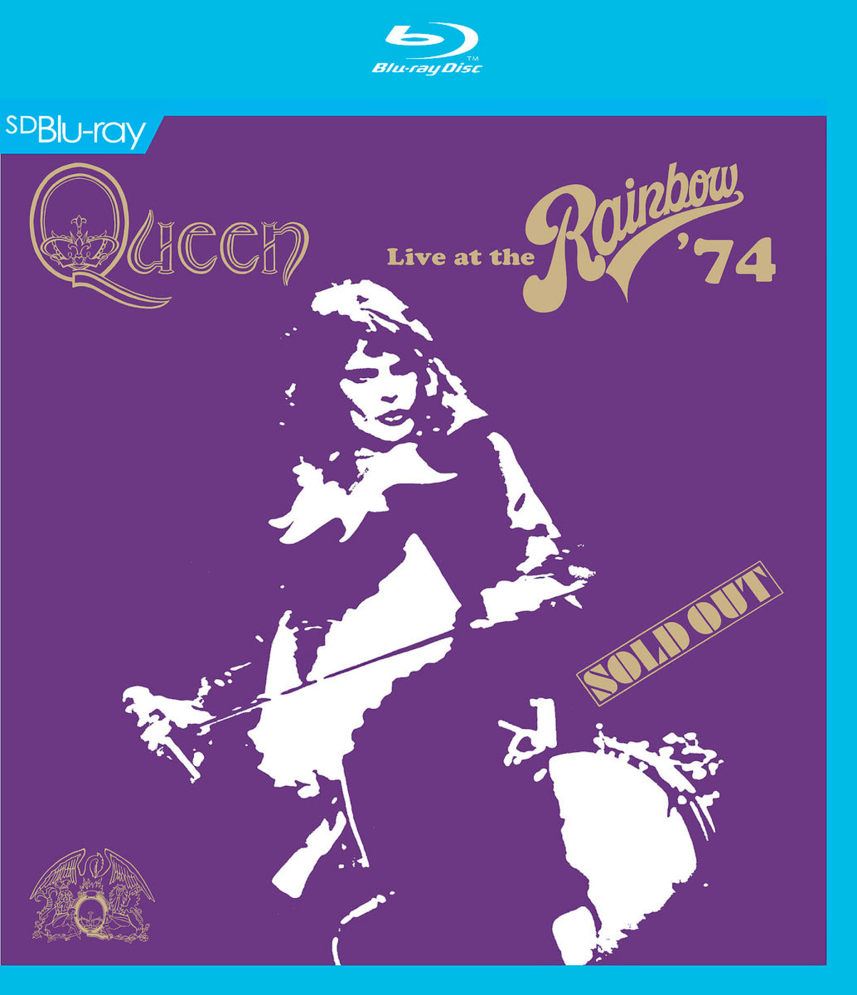 Queen, Live at the Rainbow '74. Silhouette d'une personne avec un microphone. Fond violet. Épuisé.
