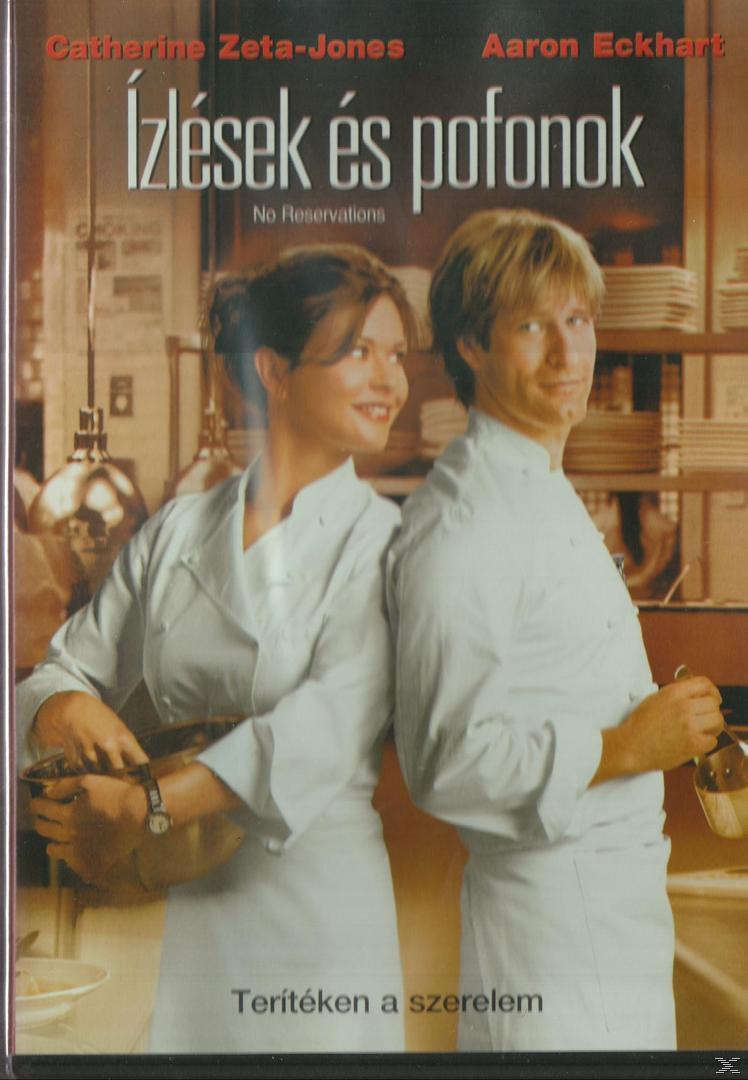 A 'No Reservations' DVD borítója. Catherine Zeta-Jones és Aaron Eckhart egy konyhában.