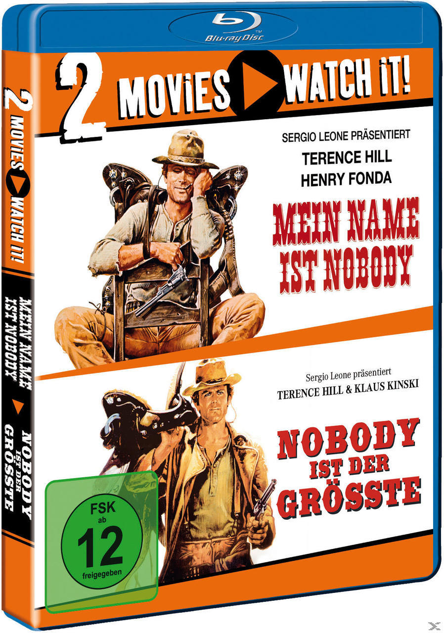 Filmcover, zwei Filme, zwei Schauspieler in Cowboy-Outfits, Titel 'Mein Name ist Nobody'.