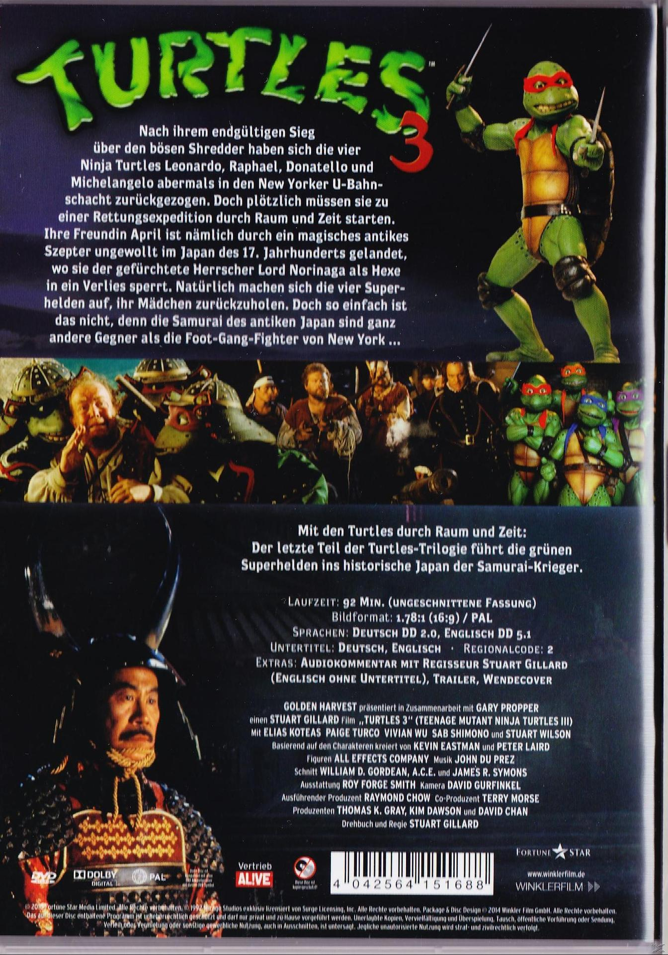 Rückseite einer Teenage Mutant Ninja Turtles 3 DVD-Hülle. Die Vorderseite zeigt eine Schildkröte rechts.