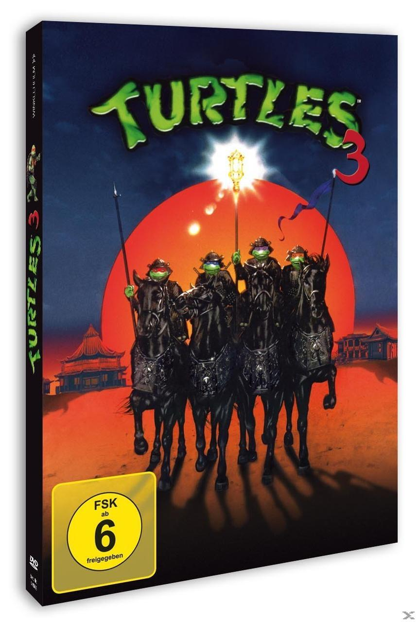 Teenage Mutant Ninja Turtles 3 DVD-Cover. Schildkröten auf Pferden mit Speeren reiten auf einen roten Sonnenuntergang zu.