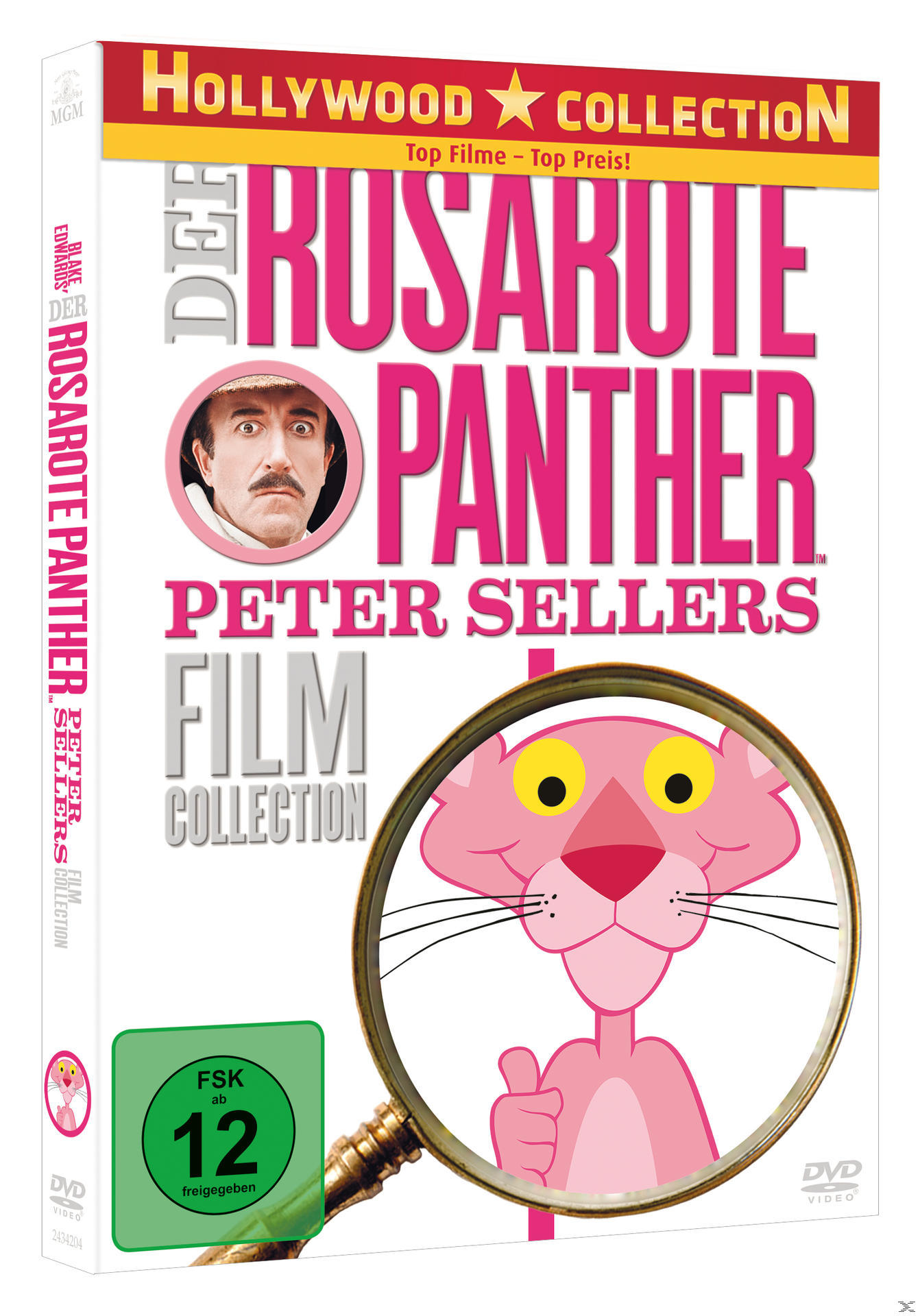 DVD-Cover: 'Der rosarote Panther'-Film mit Peter Sellers. Ein rosaroter Panther wird durch eine Lupe betrachtet.