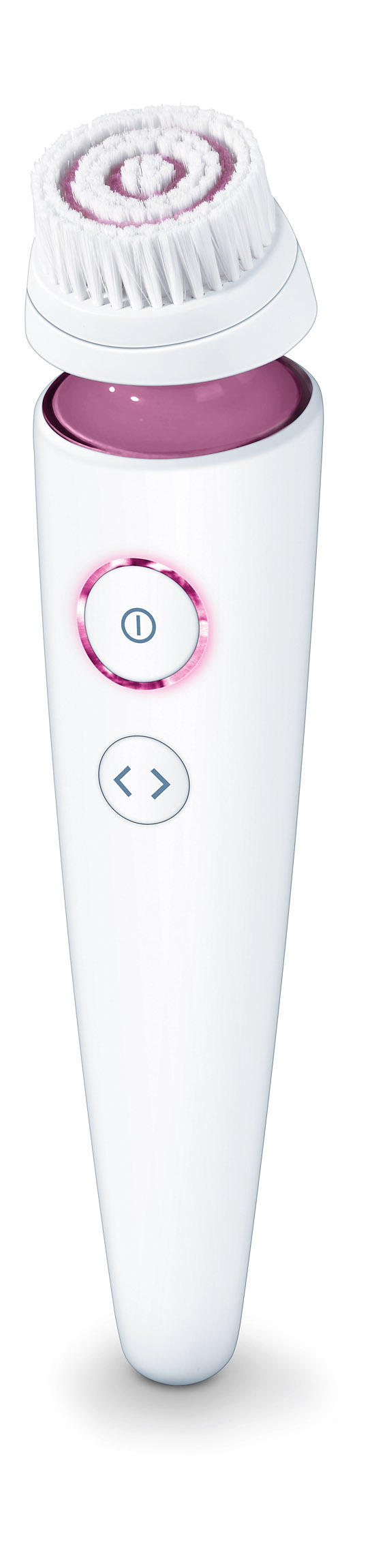 Weiße elektrische Gesichtsbürste mit rosa Knopf und Bürstenkopf. Pfeile unten.