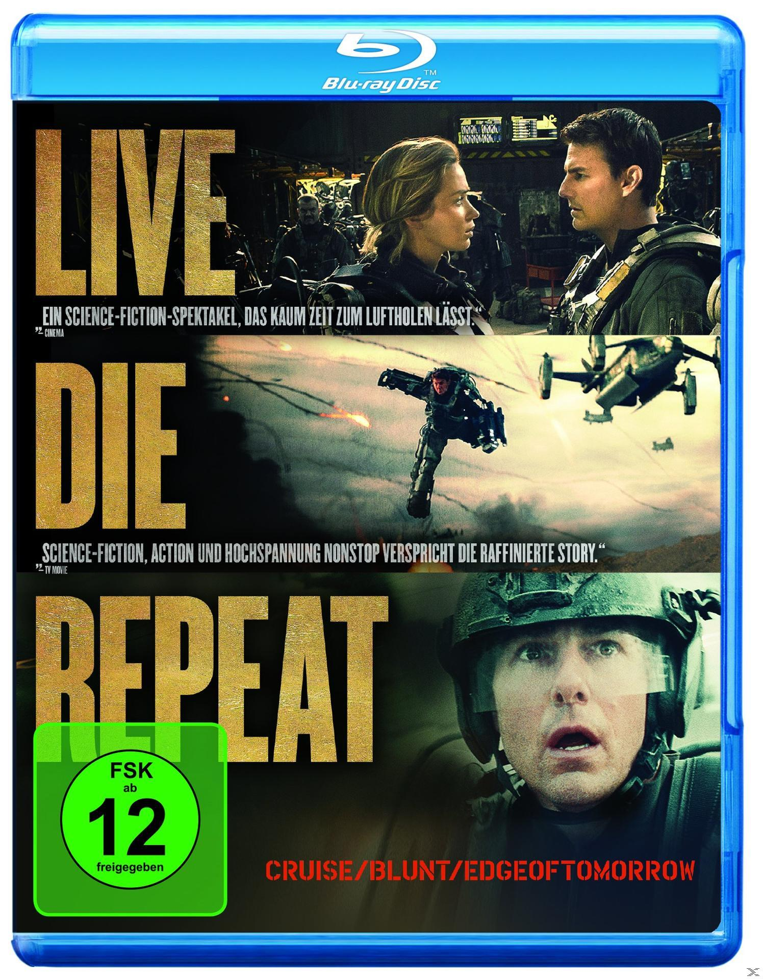 Blu-ray-Cover für 'Edge of Tomorrow'. Mit Tom Cruise und Emily Blunt. Text enthält 'Live Die Repeat' und eine Altersfreigabe von 12.