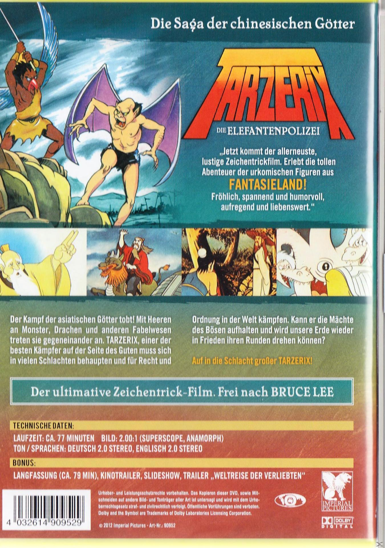DVD-Cover von Tarzerix: Die Elefantenpolizei, ein Cartoon mit verschiedenen Charakteren und Szenen.