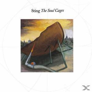 Albumcover. Gemälde einer Figur unter einer Struktur, Stadt im Hintergrund. Text: Sting The Soul Cages.