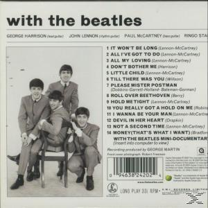 Rückseite einer CD mit The Beatles. Bilder der Band, Titelliste und Albumdetails.