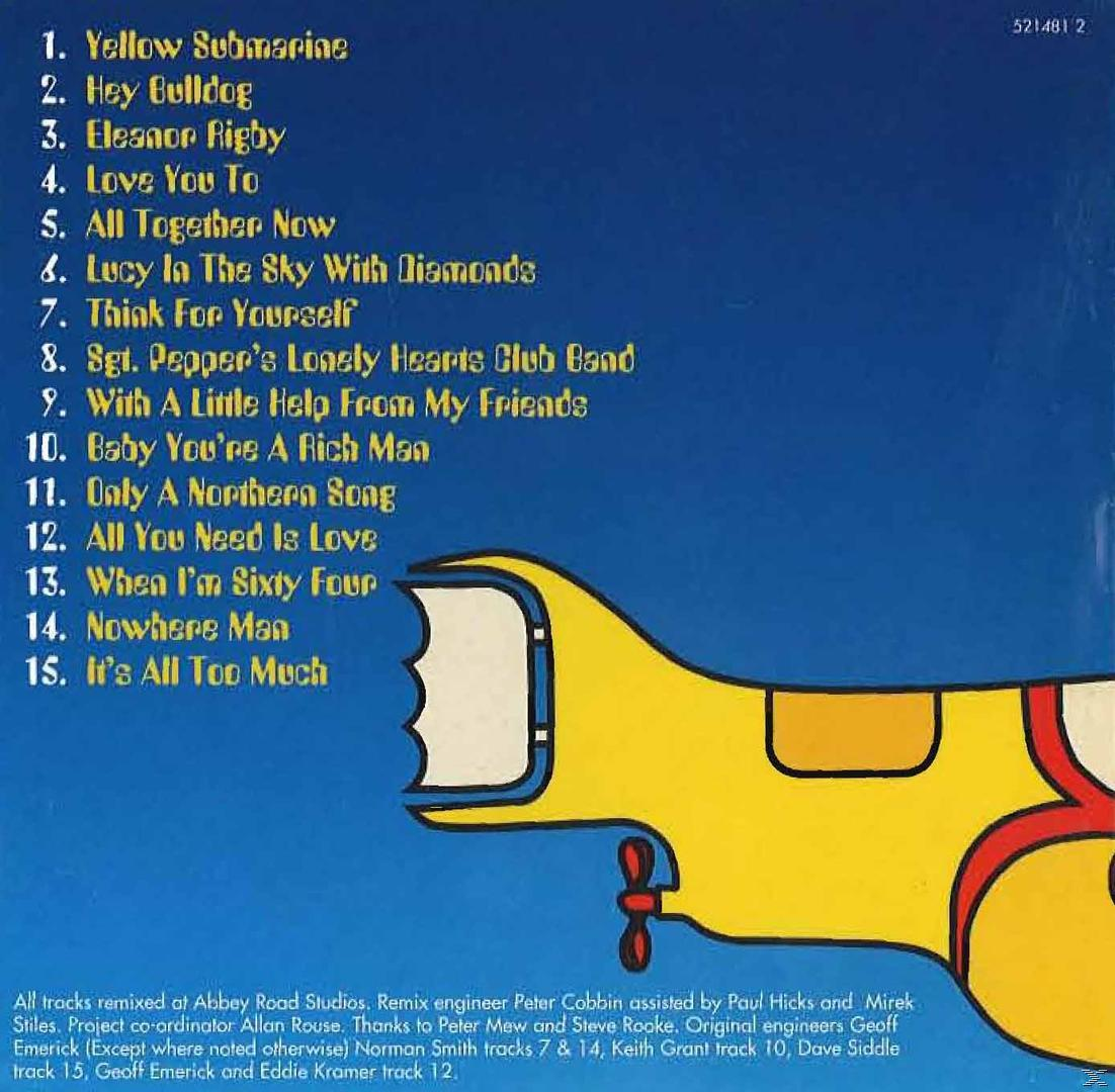 Album-Rückseite mit Songtiteln und einer gelben U-Boot-Grafik, blauer Hintergrund.