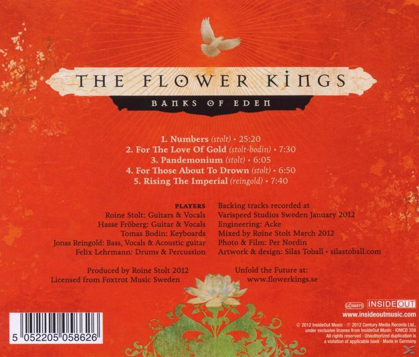 CD-Cover: Weiße Taube und Text: The Flower Kings. Liste der Songs auf rotem Hintergrund. Text und Logos.