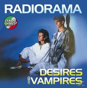 Albumcover für Radiorama. Zwei Personen sitzen. Blauer Hintergrund und Text: Desires and Vampires.