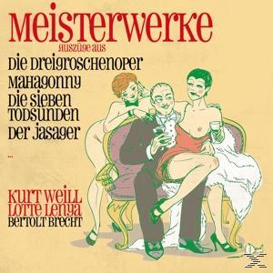Cover-Art. Illustration von drei Figuren, Text 'Meisterwerke' und Künstlernamen.