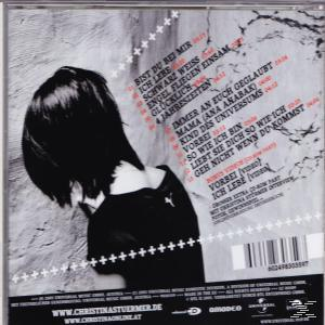 Ein CD-Cover mit dem Rücken und dem Kopf einer Frau, mit Text in einem Kreis und einer Trackliste.
