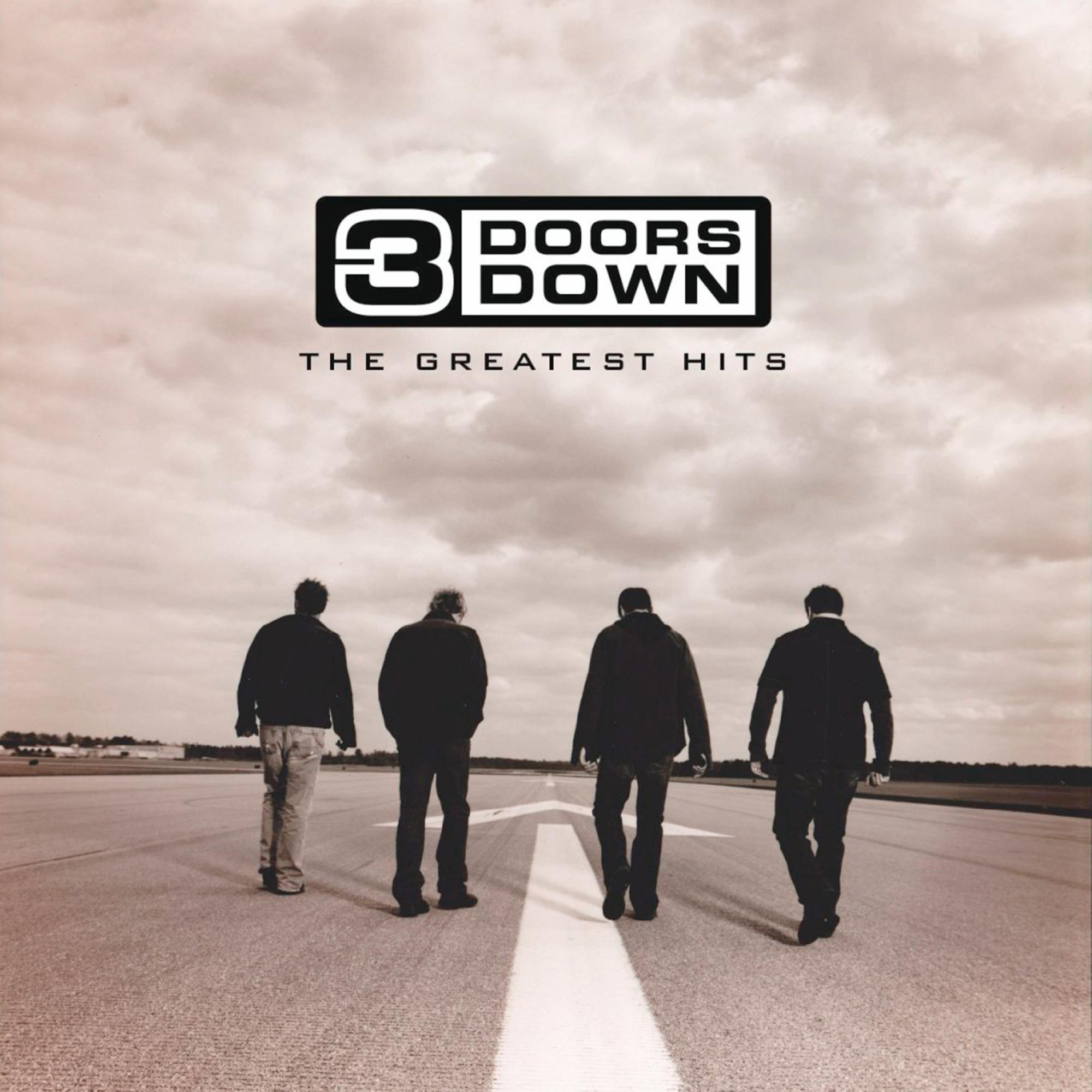 Albumcover: 3 Doors Down, The Greatest Hits. Band geht auf einer Landebahn.