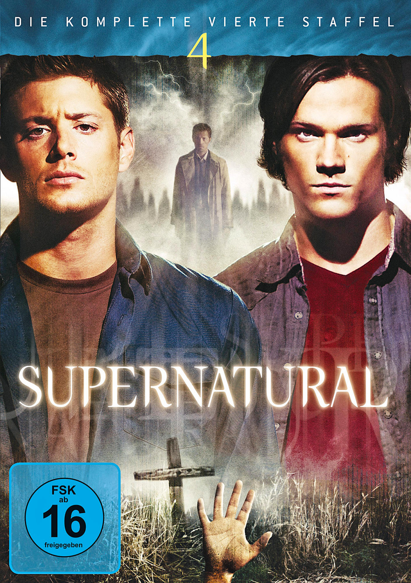 DVD-Cover von Supernatural mit zwei Schauspielern und Text. Der Hintergrund hat ein Grab.
