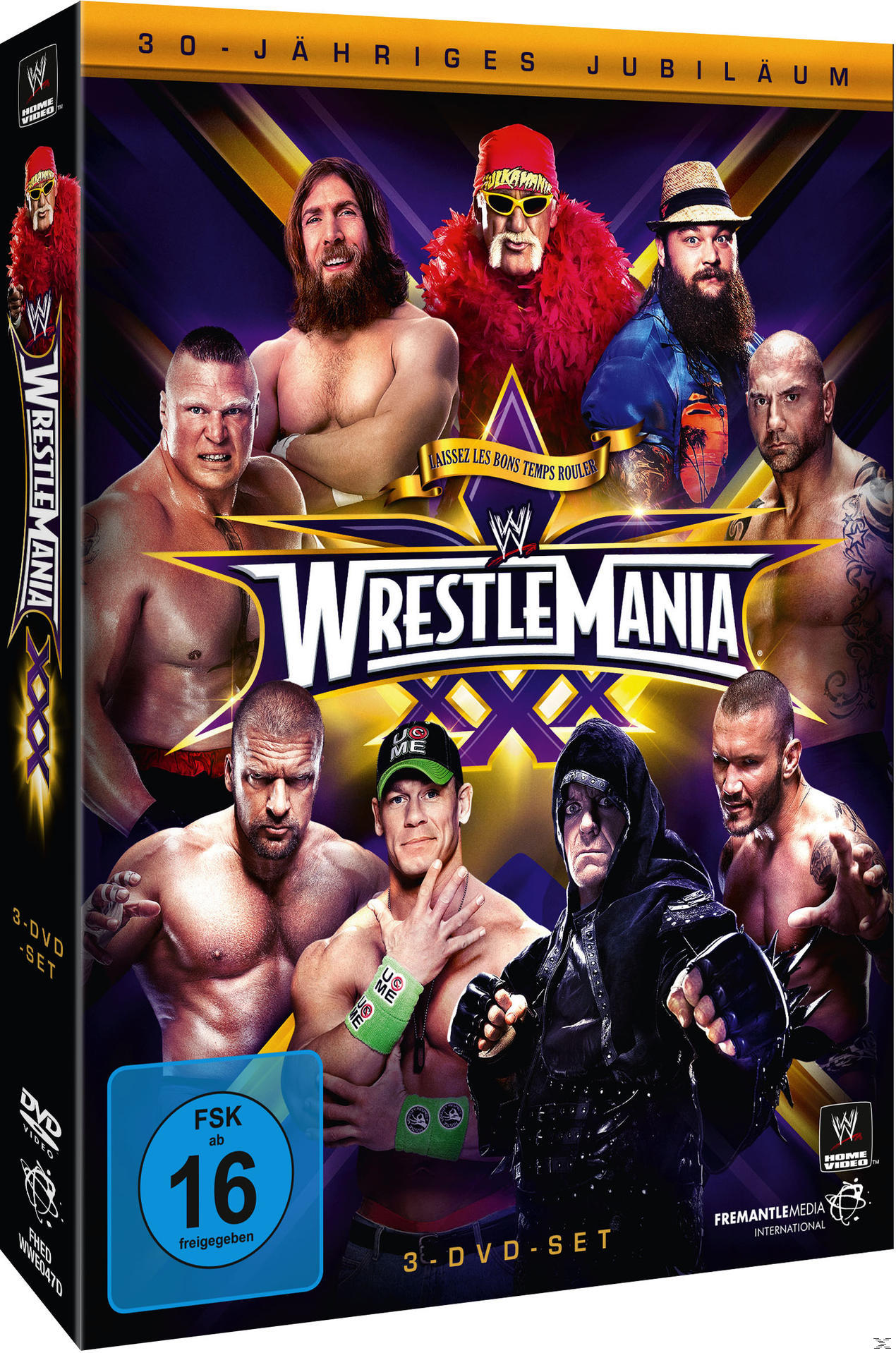Wrestlemania XXX DVD-Cover mit Wrestling-Stars. Lila und Gold.