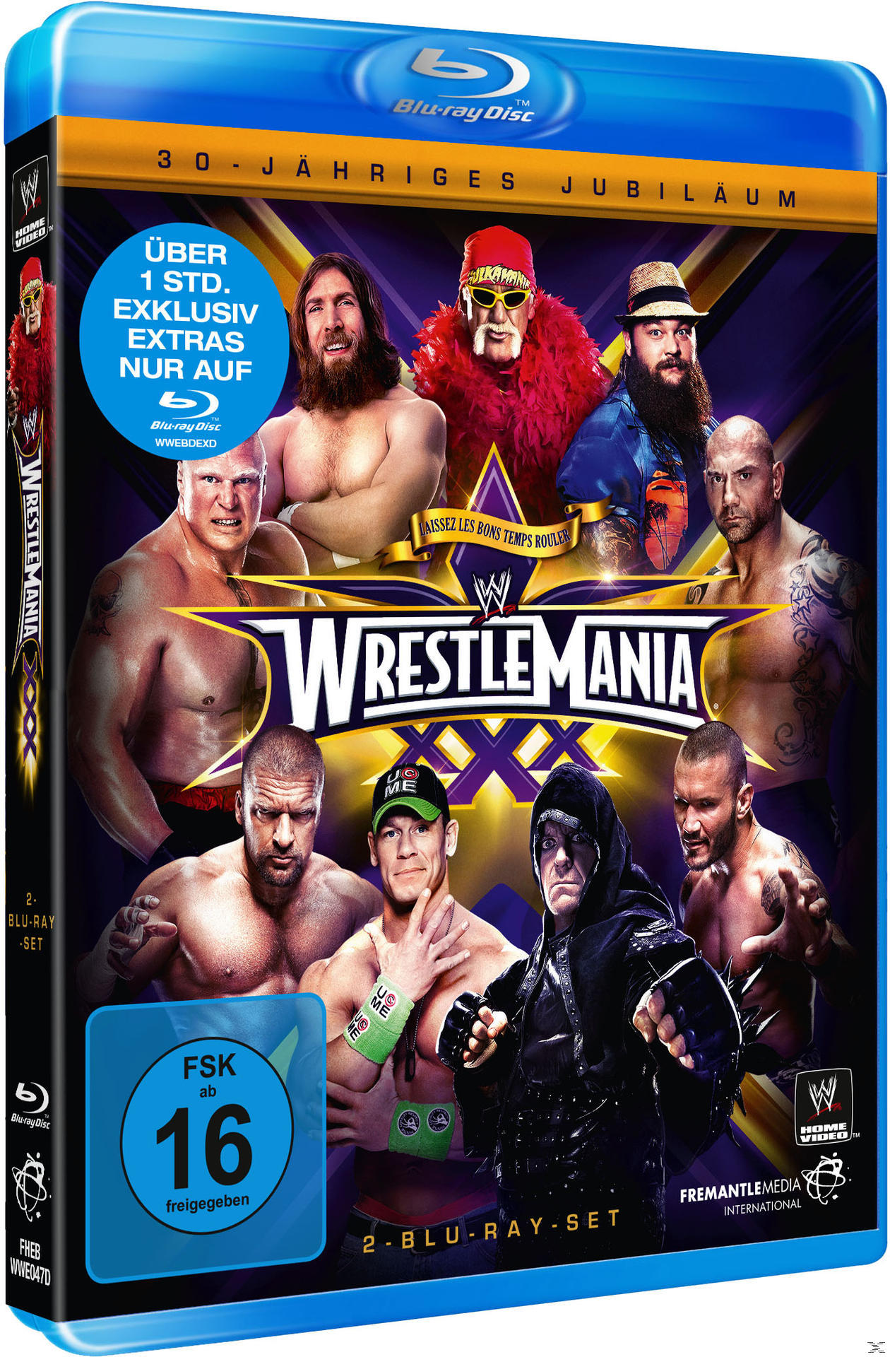 Blu-ray-Cover mit mehreren Wrestlern und dem Text 'WrestleMania XXX' und einem '30-JÄHRIGES JUBILÄUM'-Logo.