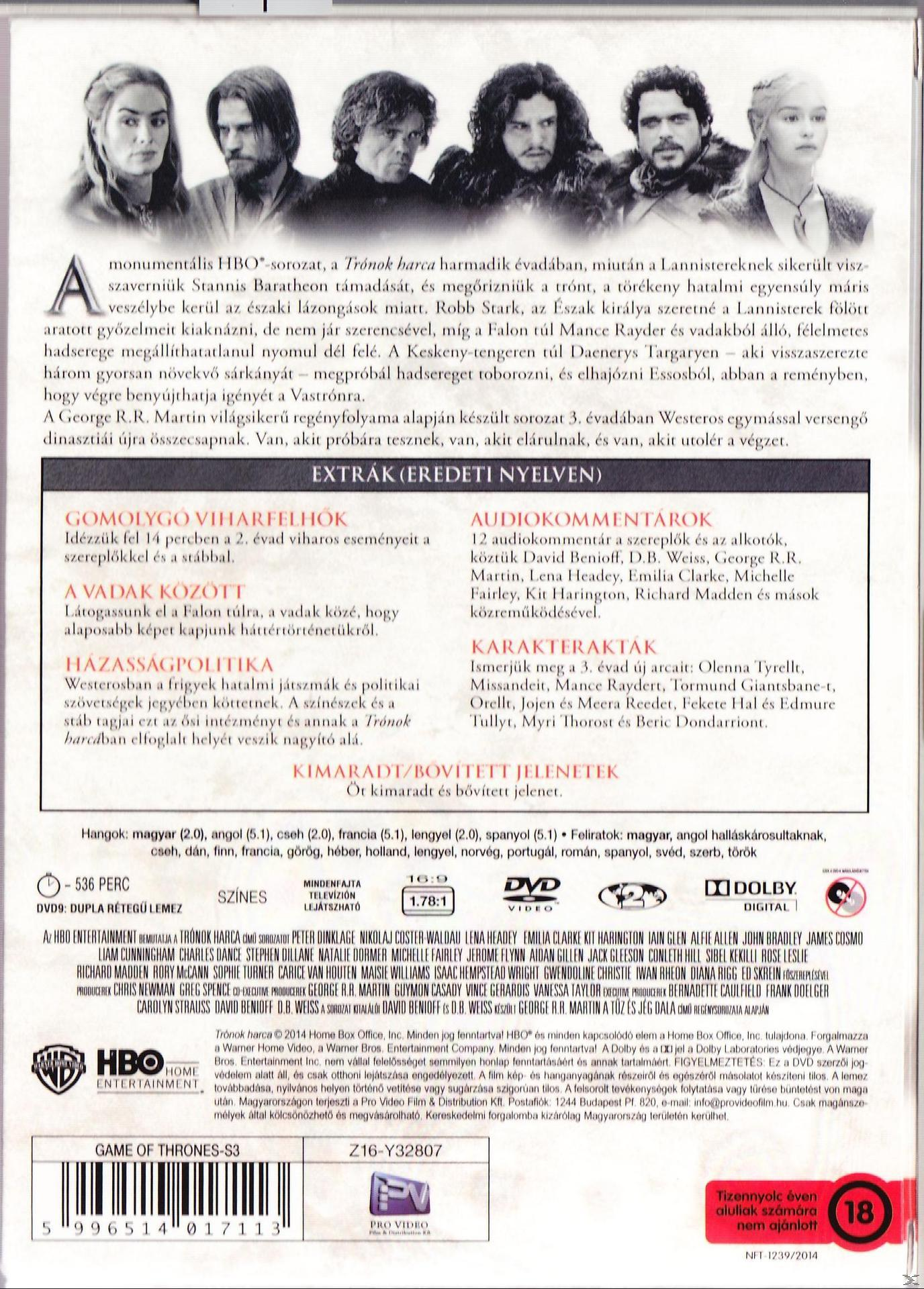 Trónok harca DVD: Színészportrék, szöveg több nyelven, HBO, jelenetek a sorozatból.