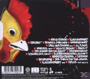 CD-Cover mit einer Hahn-Illustration und Text auf Deutsch, auf schwarzem Hintergrund.