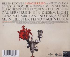 Albumcover mit rotem Kunstwerk, Noten und weißen Titeln auf beigefarbenem Hintergrund.