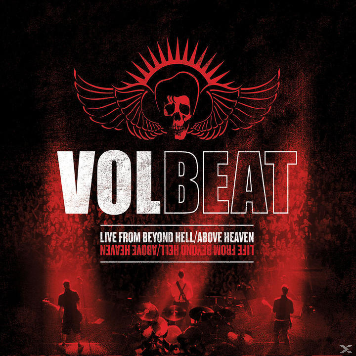 Albumcover für Volbeat. Ein Totenkopf mit Flügeln befindet sich in der Mitte, darunter Bandmitglieder.