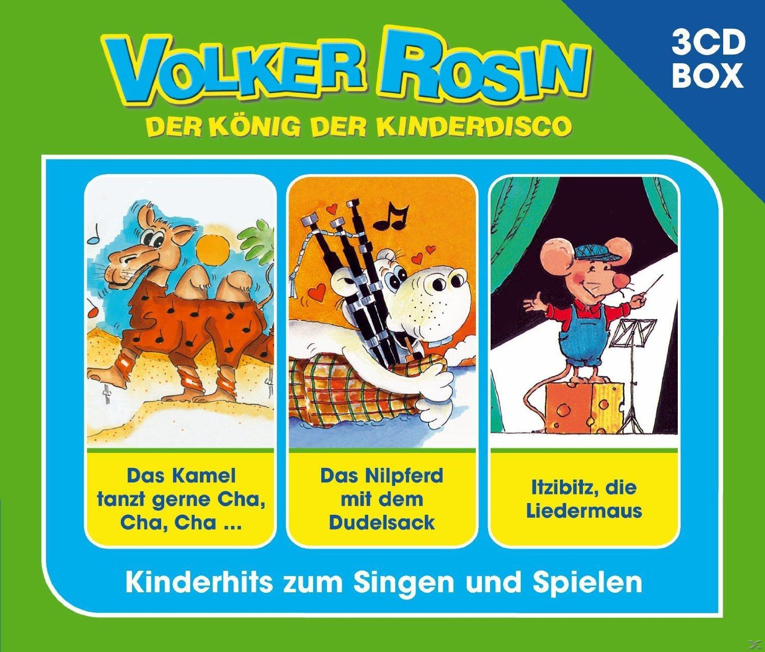 CD-Cover mit Cartoon-Illustrationen von einem Kamel, einem Nilpferd und einer Maus. Titel: Kinderhits zum Singen und Spielen.