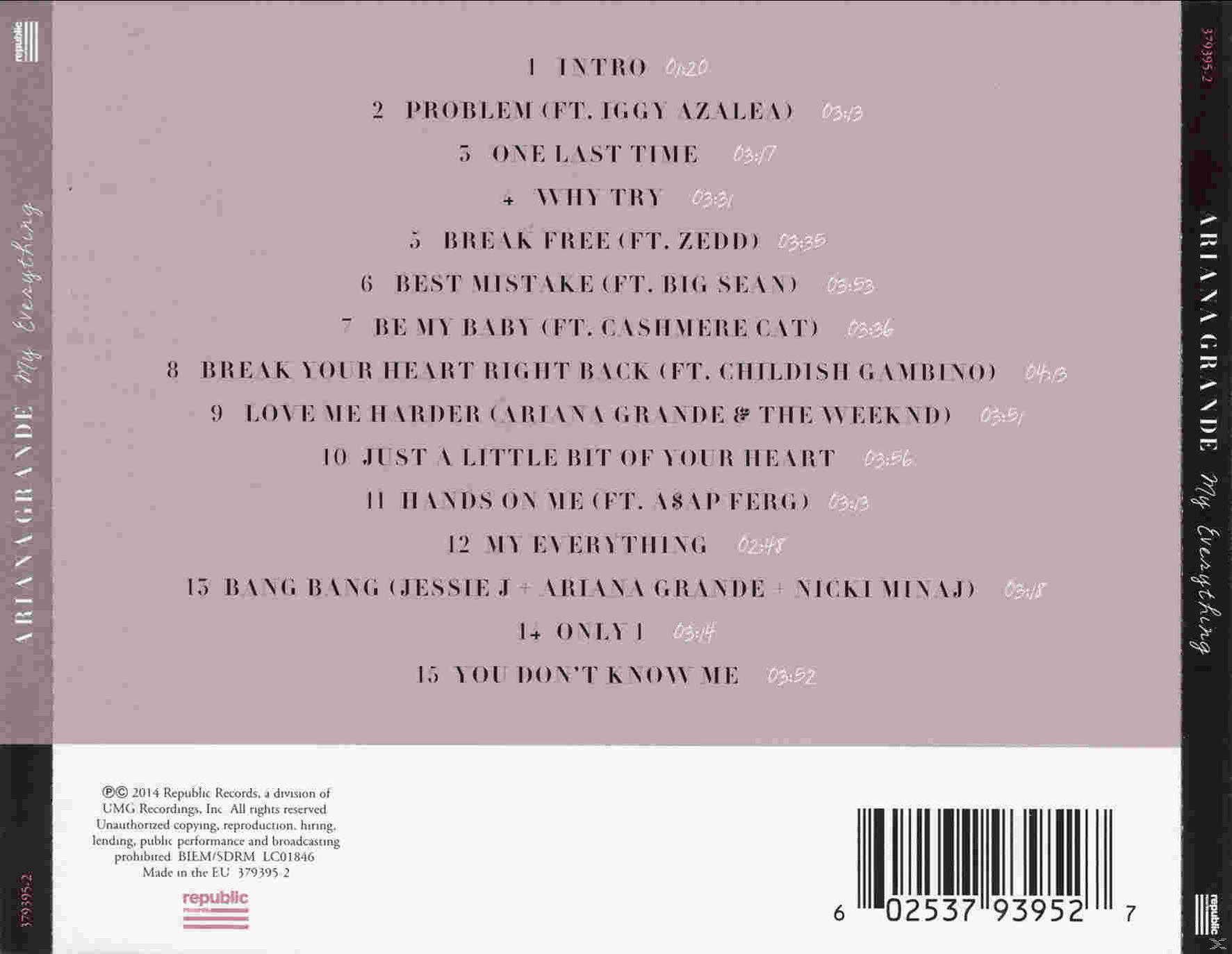 Albumcover von Ariana Grandes My Everything mit Trackliste und Barcode.