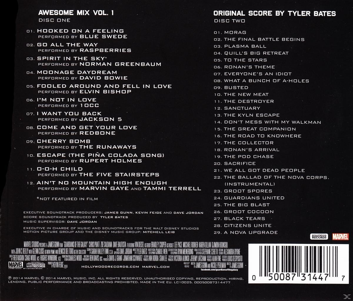 Albumcover, Awesome Mix Vol. 1, mit Titellisten und Credits. Disc eins und zwei Listen sind sichtbar.