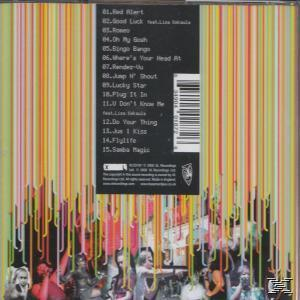 Album-Rückseite mit Titelliste, bunten vertikalen Streifen und Menschen.