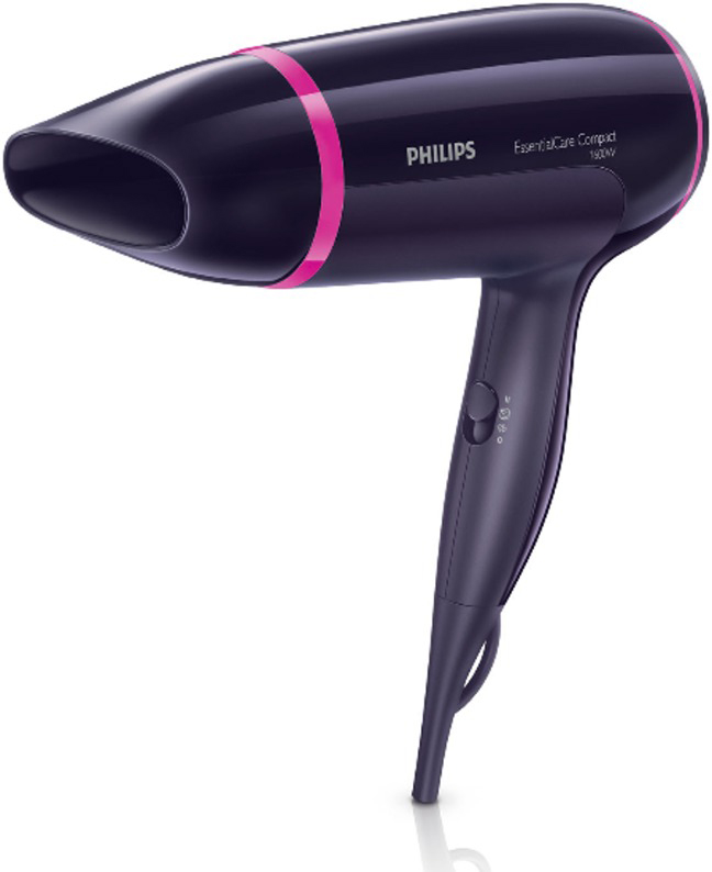 Schwarzer Philips-Haartrockner mit rosa Akzenten. Er hat einen Griff, Knöpfe und eine Düse. Auf weißem Hintergrund.