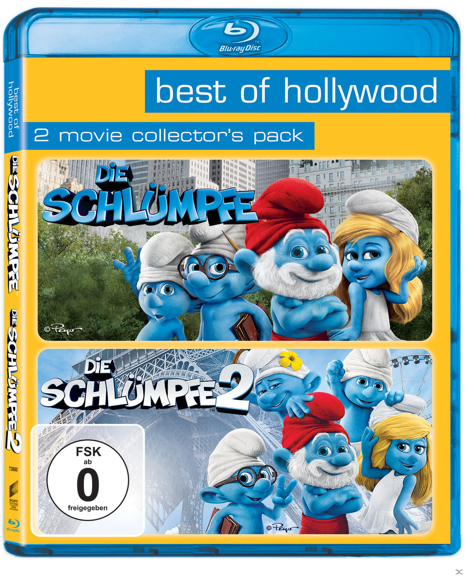 Blu-ray-Hülle. Mit Schlümpfen, Text: "best of hollywood" und einer Altersfreigabe.